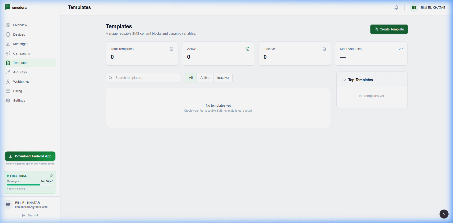 smsdora templates manager for creating reusable SMS content blocks with dynamic variables