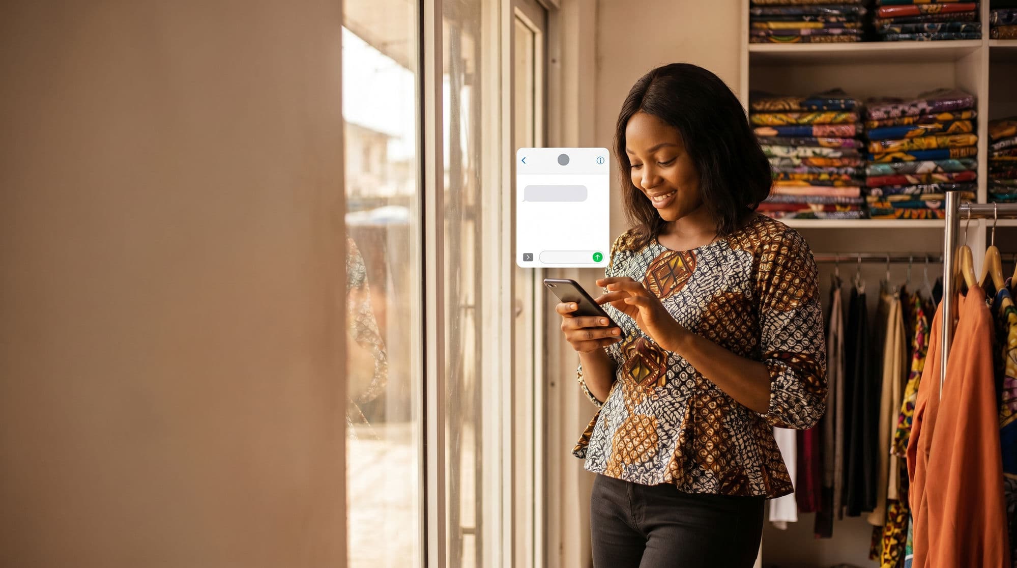 Nigerian boutique owner in Lagos sending a bulk SMS to customers from her phone